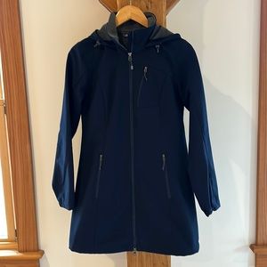 Eddie Bauer Navy Soft Shell Trench Coat Jacket. Small. Hooded. Fleece Lined.